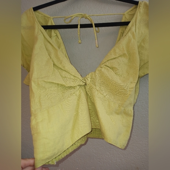 Anthropologie Linen Blend Twist Front Smocked Waist Deep V Plunge Neckline Crop - Picture 4 of 7